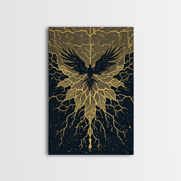 Black And Gold Bird With Roots Wall Art, Spiritual Wall Decor, Mystical Wall Art, Elegant Home Decor, Unique Canvas Art Print