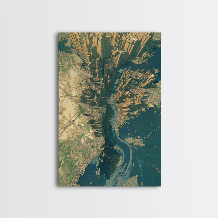 Aerial City Map Canvas Print, Urban Wall Art, Modern Architecture Poster, Teal And Gold Art, Office Decor, Statement Wall Art
