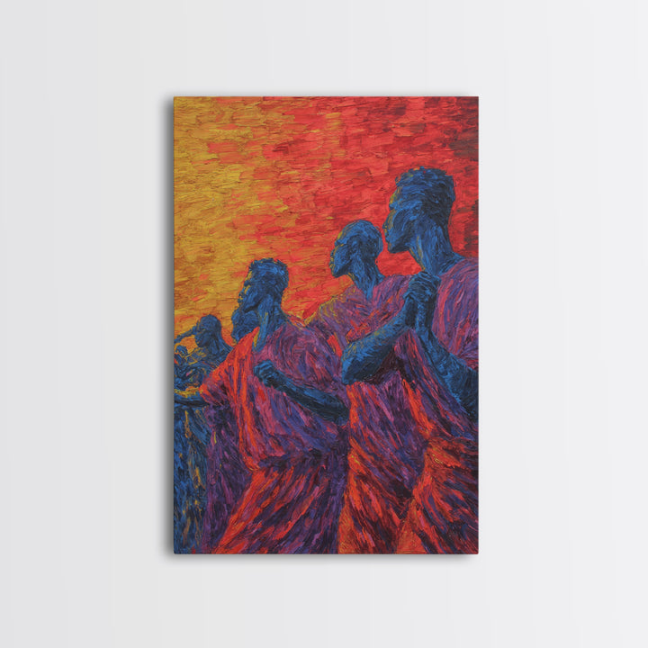 Blue African Figures At Sunset Wall Art, African Women Art, Cultural Art Print, Colorful African Art, Living Room Decor Gift