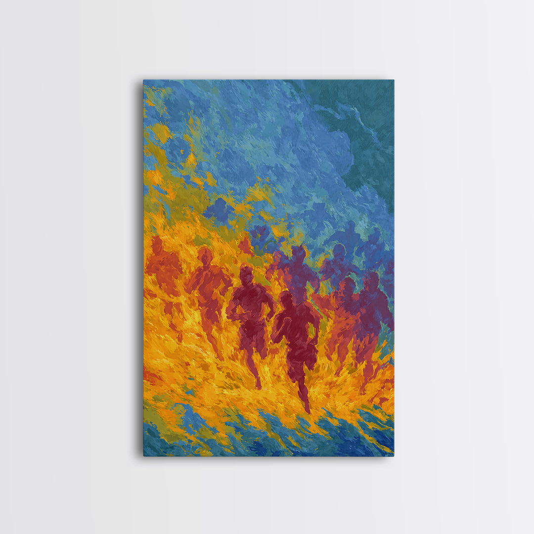 Fiery Runners In Blue And Orange, African Wall Art, Abstract African Art Print, Black Culture Decor, Vibrant Canvas Print