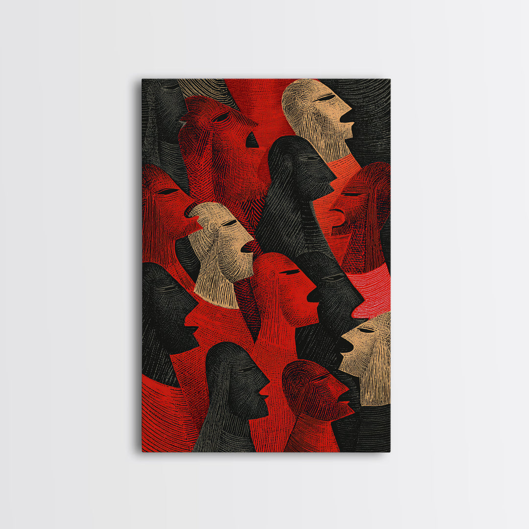 Red And Black Tribal Profile Faces, African Wall Art, Abstract African Art Print, Afrocentric Decor, Modern Canvas Print