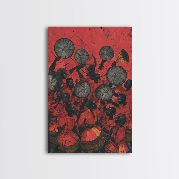 Red Drummers And Round Shields Celebration, African Wall Art, Tribal Art Print, Cultural Home Decor, Vibrant Canvas Print