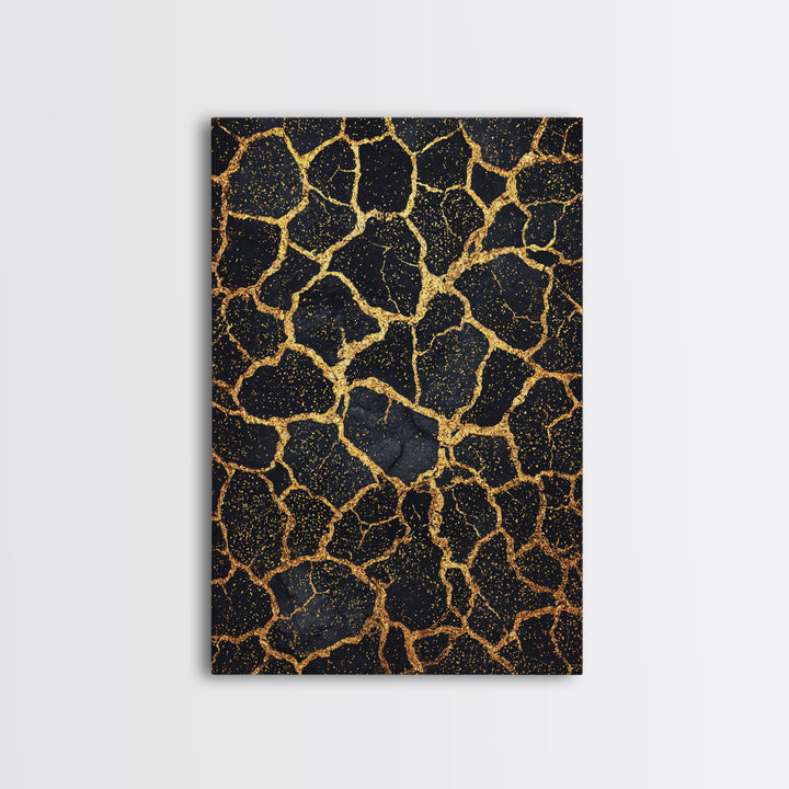 Black And Gold Crackle Pattern, Abstract Wall Art, African Inspired Decor, Luxury Canvas Print, Modern Black Art Home Decor Gift
