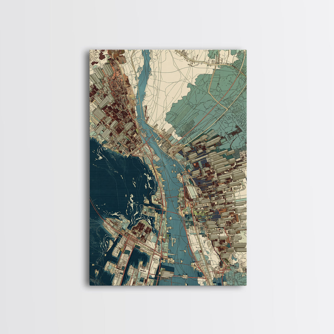 Aerial Coastal City Map With Blue Water, Urban Wall Art, Location Map Print, Modern Office Decor, Gallery Home Decor, Canvas Print