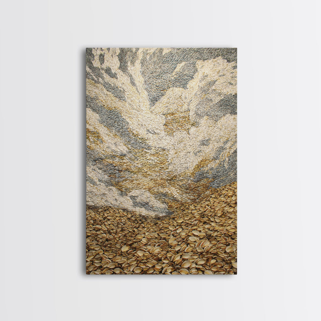 Golden Pebble Hills And Swirling Clouds, Nature Scene Wall Art, Earth Tone Art Print, Textured Boho Home Decor, Canvas Print