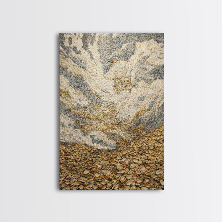 Golden Pebble Hills And Swirling Clouds, Nature Scene Wall Art, Earth Tone Art Print, Textured Boho Home Decor, Canvas Print