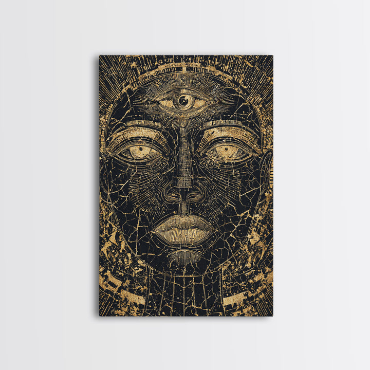 Golden Third Eye African Mask Face, African Wall Art, Ancient African Art Print, Black And Gold Mystical Decor, Canvas Print