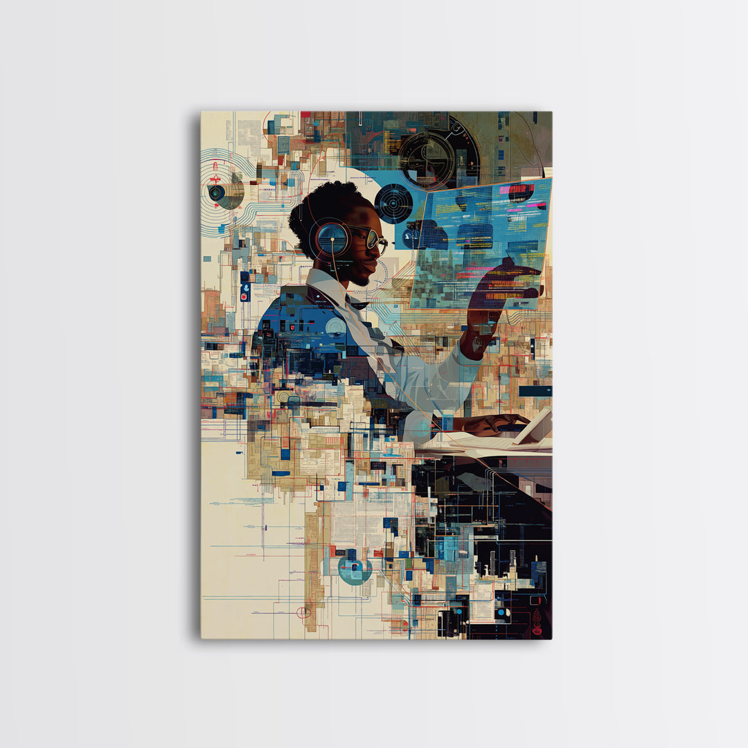 Black Woman Scientist Hologram Wall Art, Afrofuturism Portrait, African American Art Print, Modern Tech Office Decor Gift