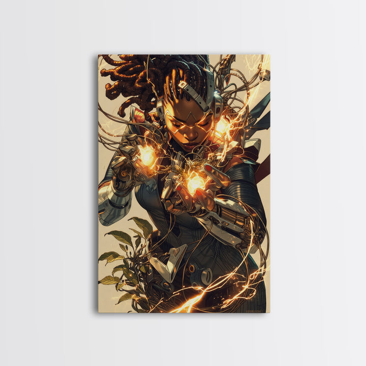 Cyberpunk African Warrior Woman Framed Canvas Print, Afrofuturism Wall Decor, Black Girl Magic, Futuristic Energy Art Gift