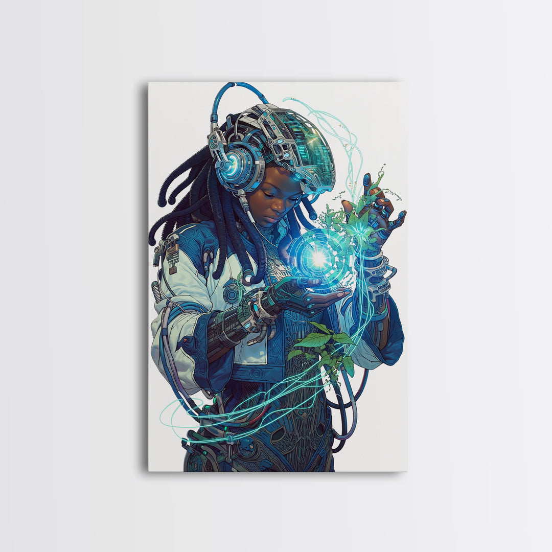 Futuristic African Woman With Glowing Orb Canvas Print, Afrofuturism Decor, Black Female Art, Botanical Tech Wall Art Gift
