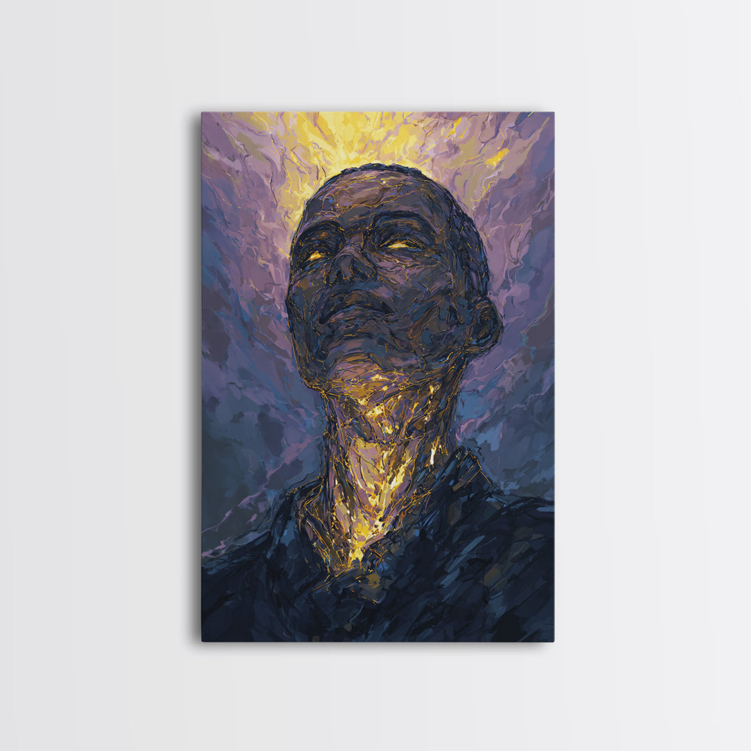 Radiant Black Man Portrait Wall Art, Gold Halo Abstract Painting, Modern African American Art, Spiritual Home Decor Gift
