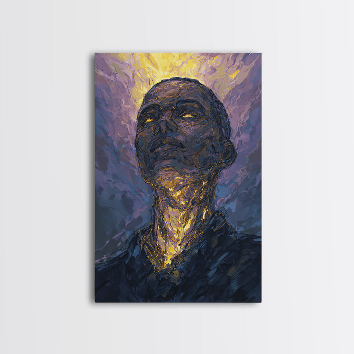 Radiant Black Man Portrait Wall Art, Gold Halo Abstract Painting, Modern African American Art, Spiritual Home Decor Gift