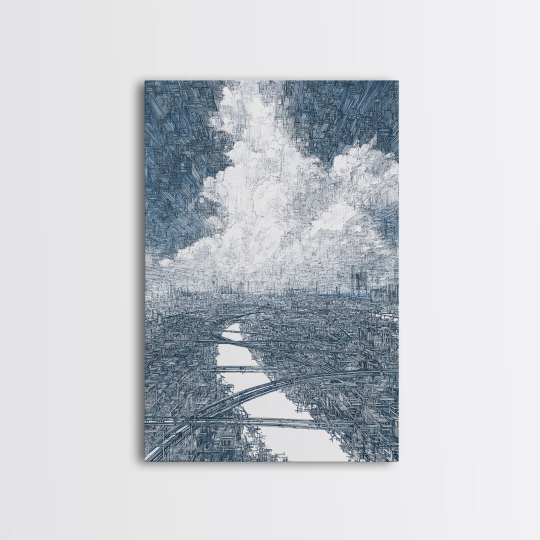 Intricate City River Cloud Wall Art, Blue Gray Urban Landscape Print, Modern Architecture Decor, Large Living Room Art Gift