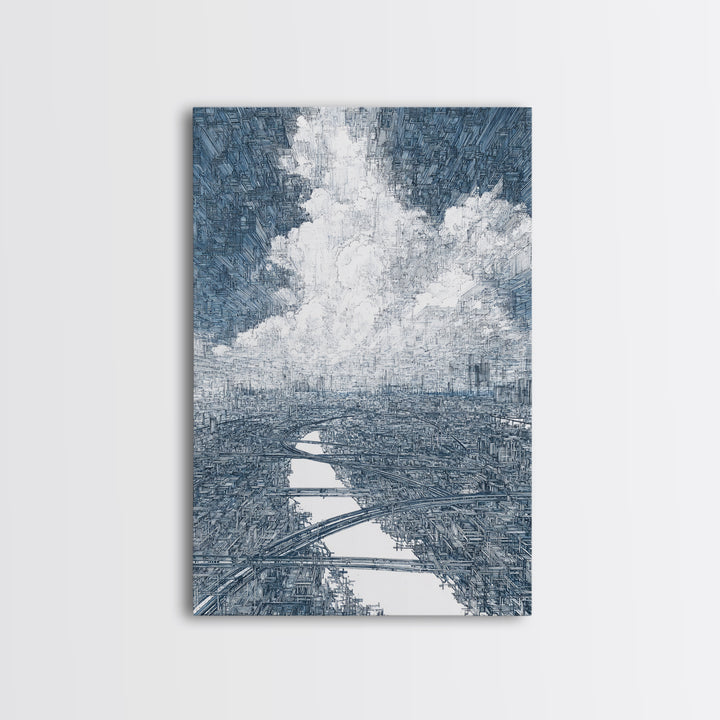 Intricate City River Cloud Wall Art, Blue Gray Urban Landscape Print, Modern Architecture Decor, Large Living Room Art Gift
