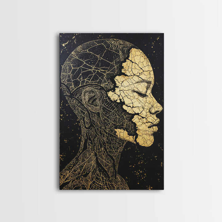 Gold Anatomical Profile Framed Canvas Print, Abstract Face Art, Black And Gold Wall Decor, Luxury Modern Portrait Gift For Him