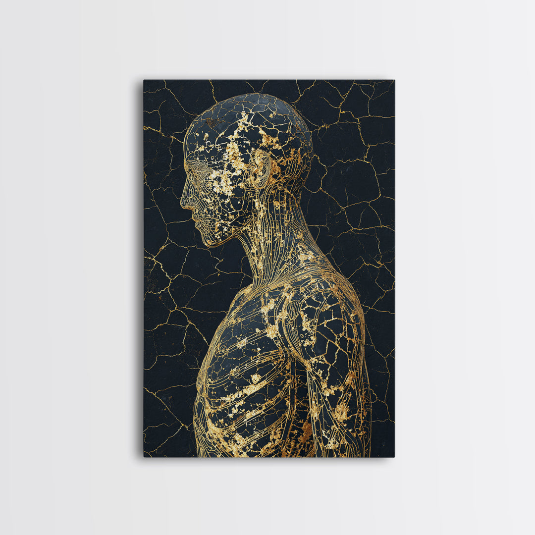 Gold Line Anatomical Figure Wall Art, Abstract Black Art, Luxury Canvas Decor, Modern Minimalist Portrait, Gift For Him Decor