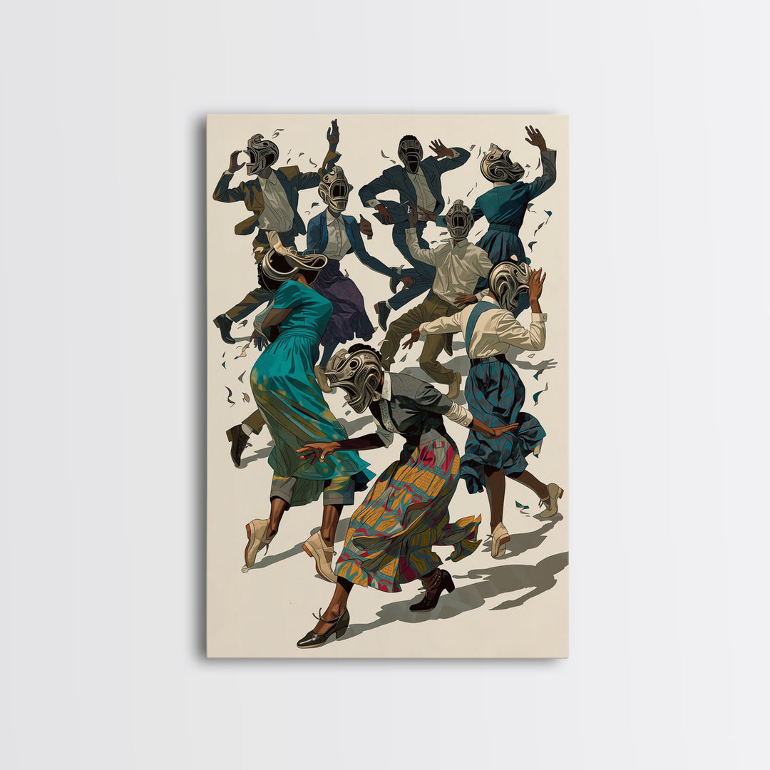 African Masked Dancers Celebration Canvas Print, African Tribal Art, Cultural Wall Decor, Colorful Afrocentric Home Gift