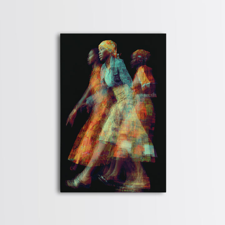 Glowing African Women In Motion Framed Canvas Print, Abstract Textile Portrait, Afrocentric Black Woman Wall Decor Art Gift