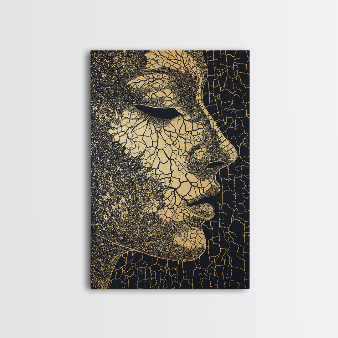 Golden Cracked African Woman Profile Wall Art, Elegant Black And Gold Portrait, Modern Afrocentric Luxury Canvas Decor Gift