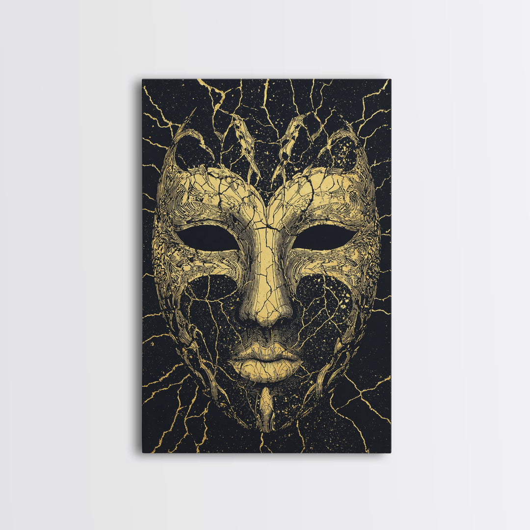 Gold African Mask Canvas Print, Black Cracked Tribal Face Art, Mystical Afrocentric Wall Decor, Unique Statement Gift For Home