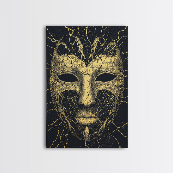 Gold African Mask Canvas Print, Black Cracked Tribal Face Art, Mystical Afrocentric Wall Decor, Unique Statement Gift For Home