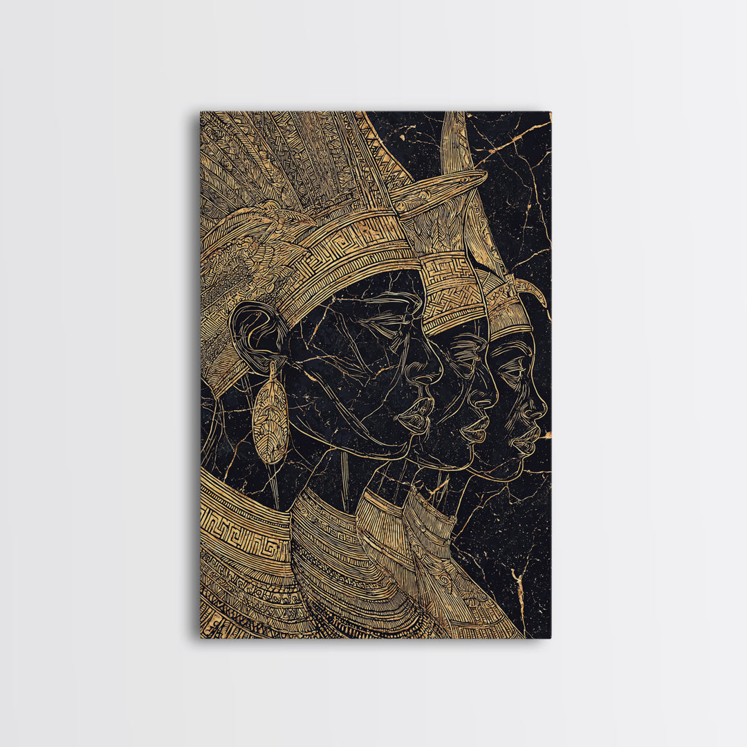 Regal African Queens Gold Line Wall Art, Black And Gold Headdress Portraits, Egyptian Inspired Afrocentric Cultural Home Decor Gift