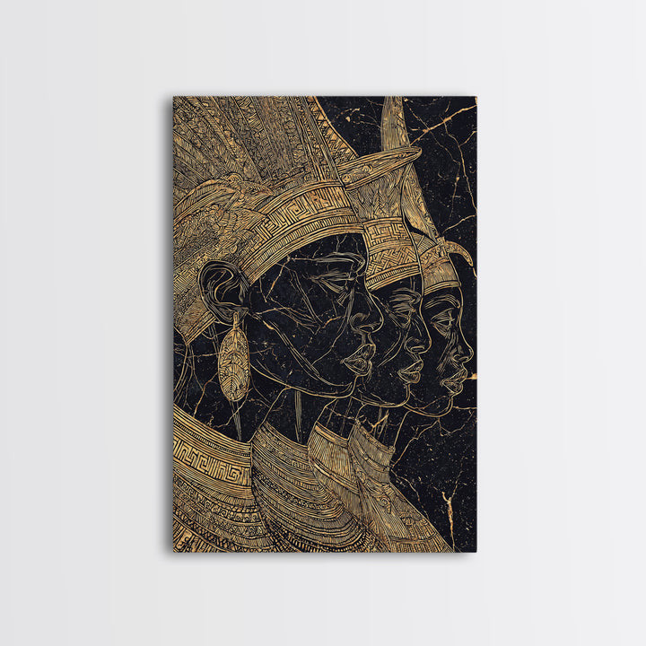 Regal African Queens Gold Line Wall Art, Black And Gold Headdress Portraits, Egyptian Inspired Afrocentric Cultural Home Decor Gift