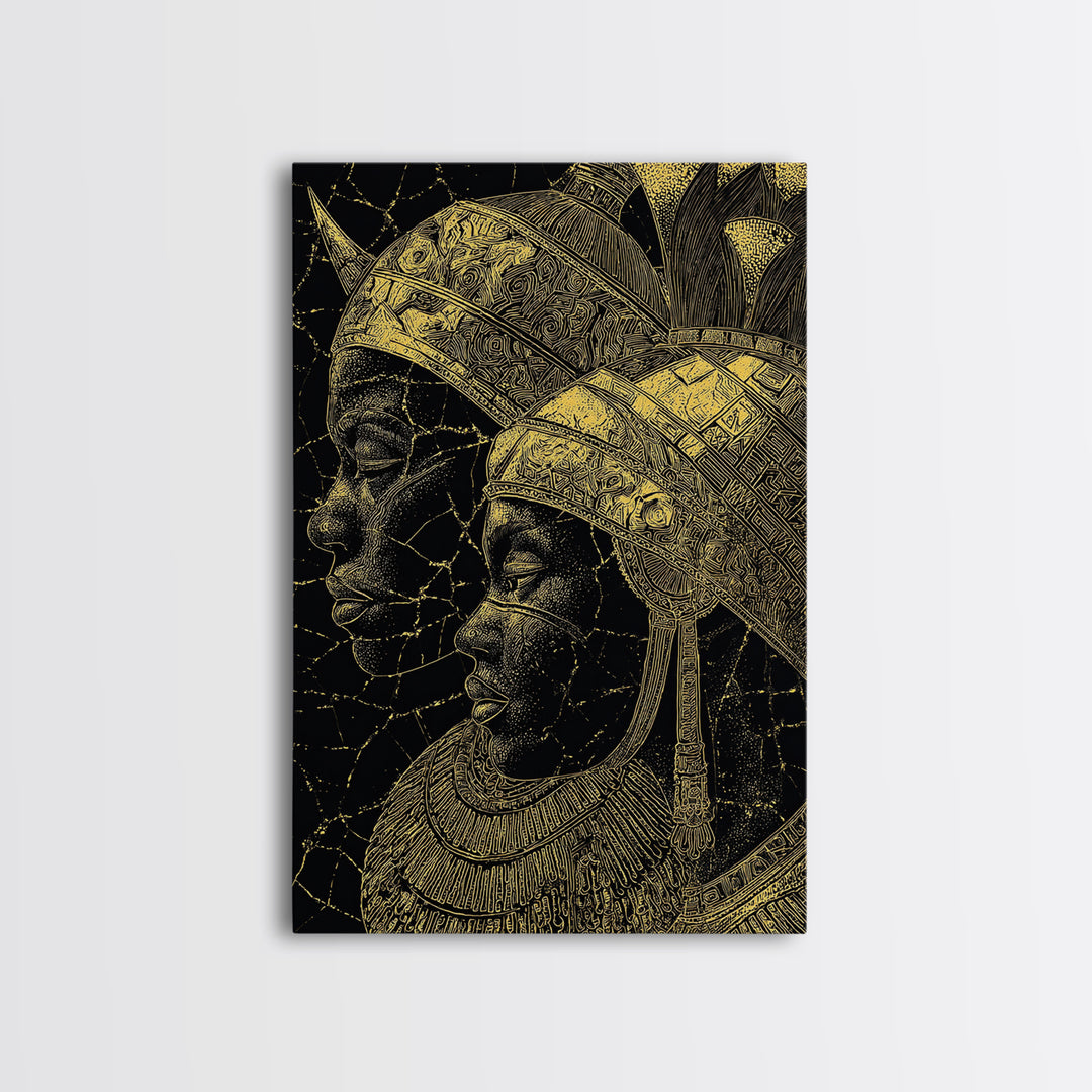 Black And Gold African Queen Profiles Framed Canvas Print, Afrocentric Wall Decor, Tribal Portrait, Elegant Home Art, Luxury Gift