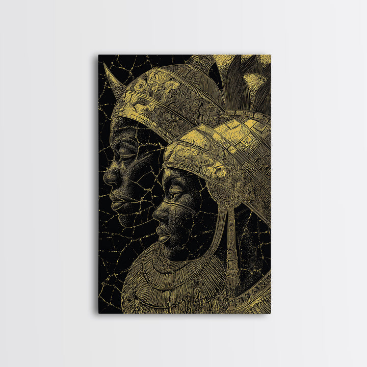 Black And Gold African Queen Profiles Framed Canvas Print, Afrocentric Wall Decor, Tribal Portrait, Elegant Home Art, Luxury Gift