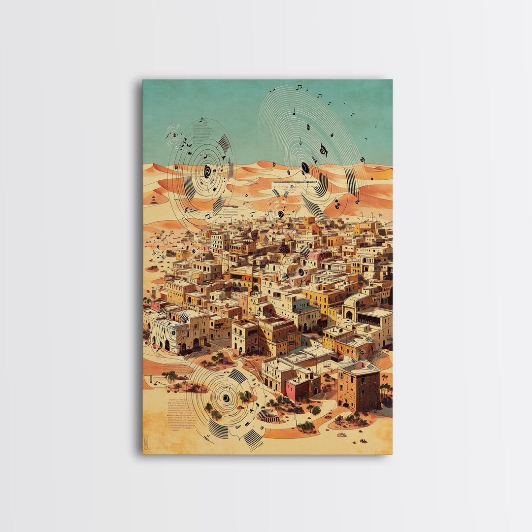 Desert City With Abstract Sound Waves Wall Art, North African Landscape Print, Modern Travel Poster, Earth Tone Home Decor