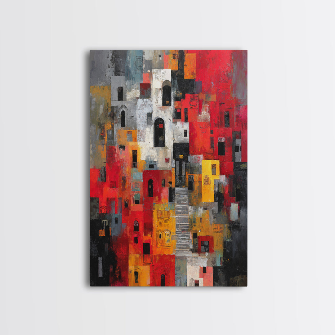 Red Black Abstract City Facades Framed Canvas Print, Modern African Wall Art, Urban Architecture Decor, Bold Home Decor Art