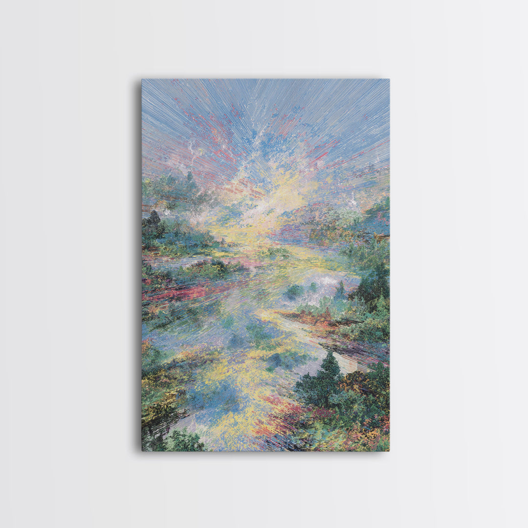 Luminous River Sunrise Landscape Framed Canvas Print, Dreamy Wall Art, Nature Scene Art, Serene Living Room Decor, Home Decor Gift