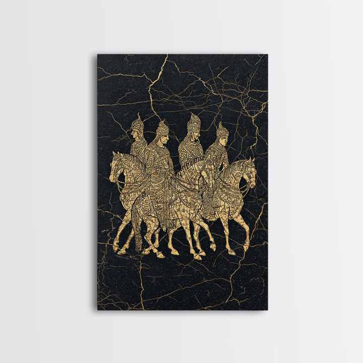 Golden African Horse Warriors On Black Stone Wall Art, African Warrior Art, Tribal Art Decor, Black Gold Canvas Decor Print