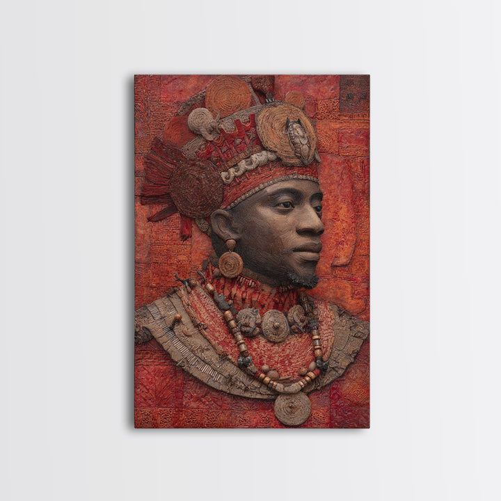 Ornate African Royal Man With Headdress Framed Canvas Print, African Portrait, Tribal Art Print, Red Cultural Wall Decor