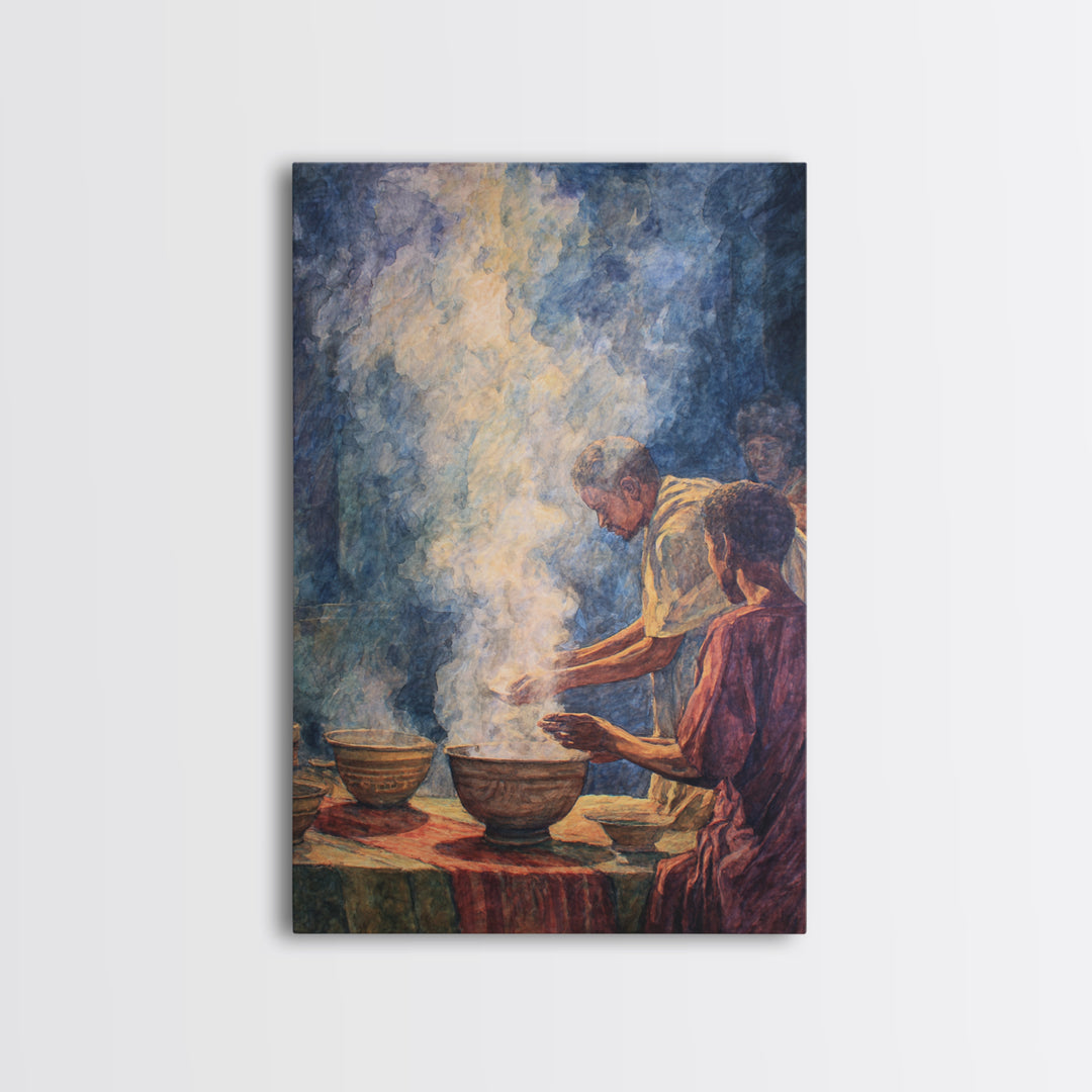 African Community Cooking Ritual With Steaming Bowls Wall Art, Cultural Home Decor, Ethnic Art Print, Warm Kitchen Poster