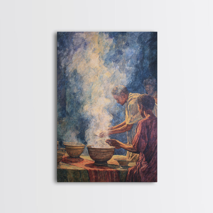 African Community Cooking Ritual With Steaming Bowls Wall Art, Cultural Home Decor, Ethnic Art Print, Warm Kitchen Poster