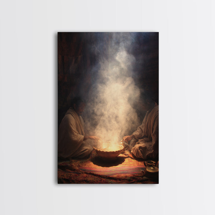 Two African Men Beside Smoky Ritual Pot Framed Canvas Print, Spiritual Wall Art, Cultural Decor, Earth Tone Home Decor Gift