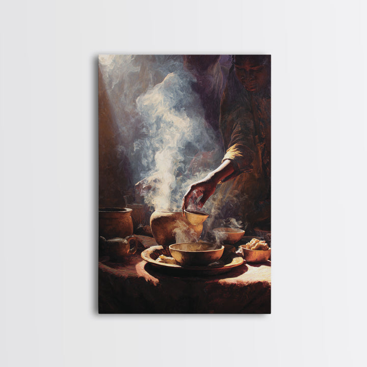 Steaming African Tea And Coffee Ceremony Still Life Canvas Print, Warm Kitchen Wall Art, Cultural Decor, Brown Black Art Decor