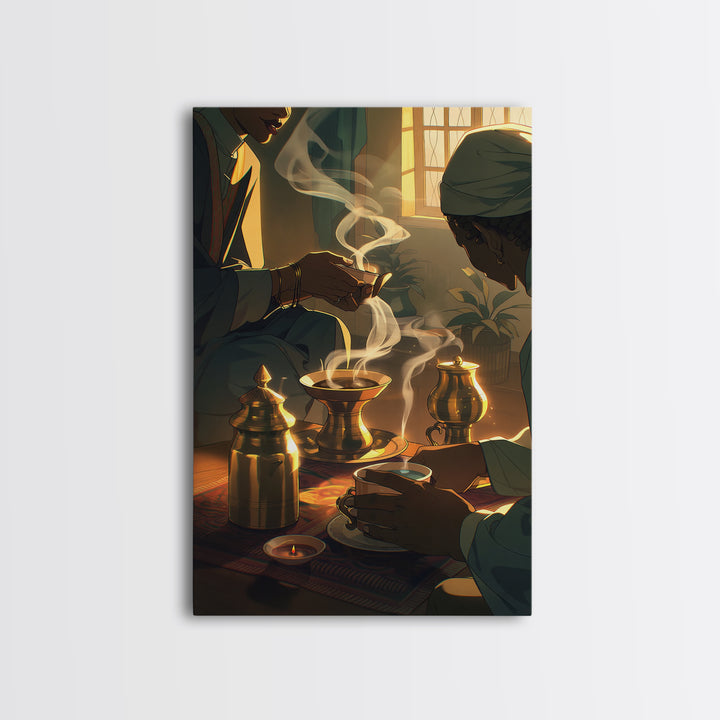 Sunlit African Tea Ceremony With Brass Vessels Wall Art, Afrocentric Decor, Boho Home Decor, Warm Cultural Canvas Print Gift