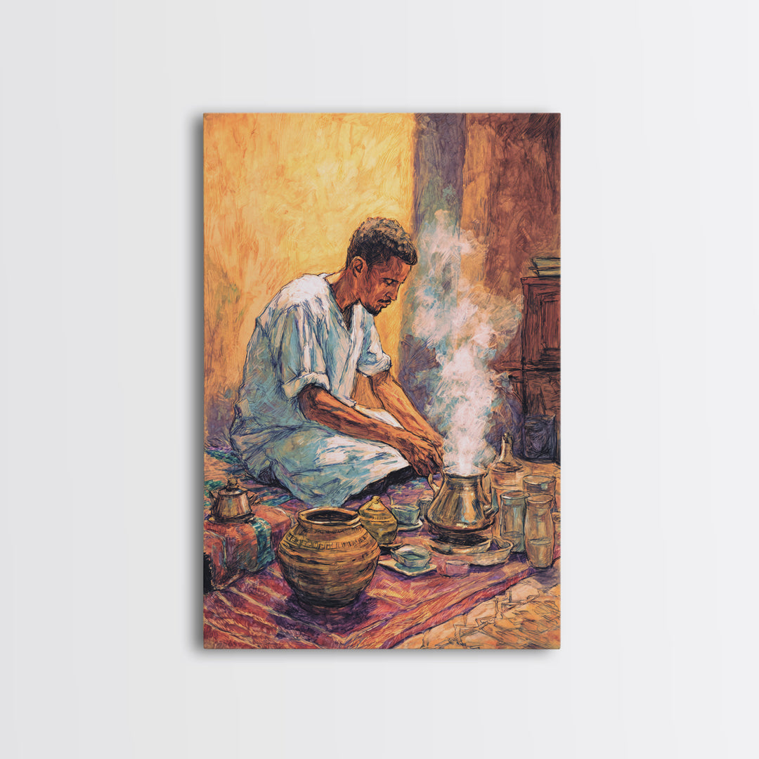 Seated African Man Preparing Smoky Coffee Canvas Print, Cultural Wall Art, Earth Tone Decor, Bohemian Home Decor Gift For Him