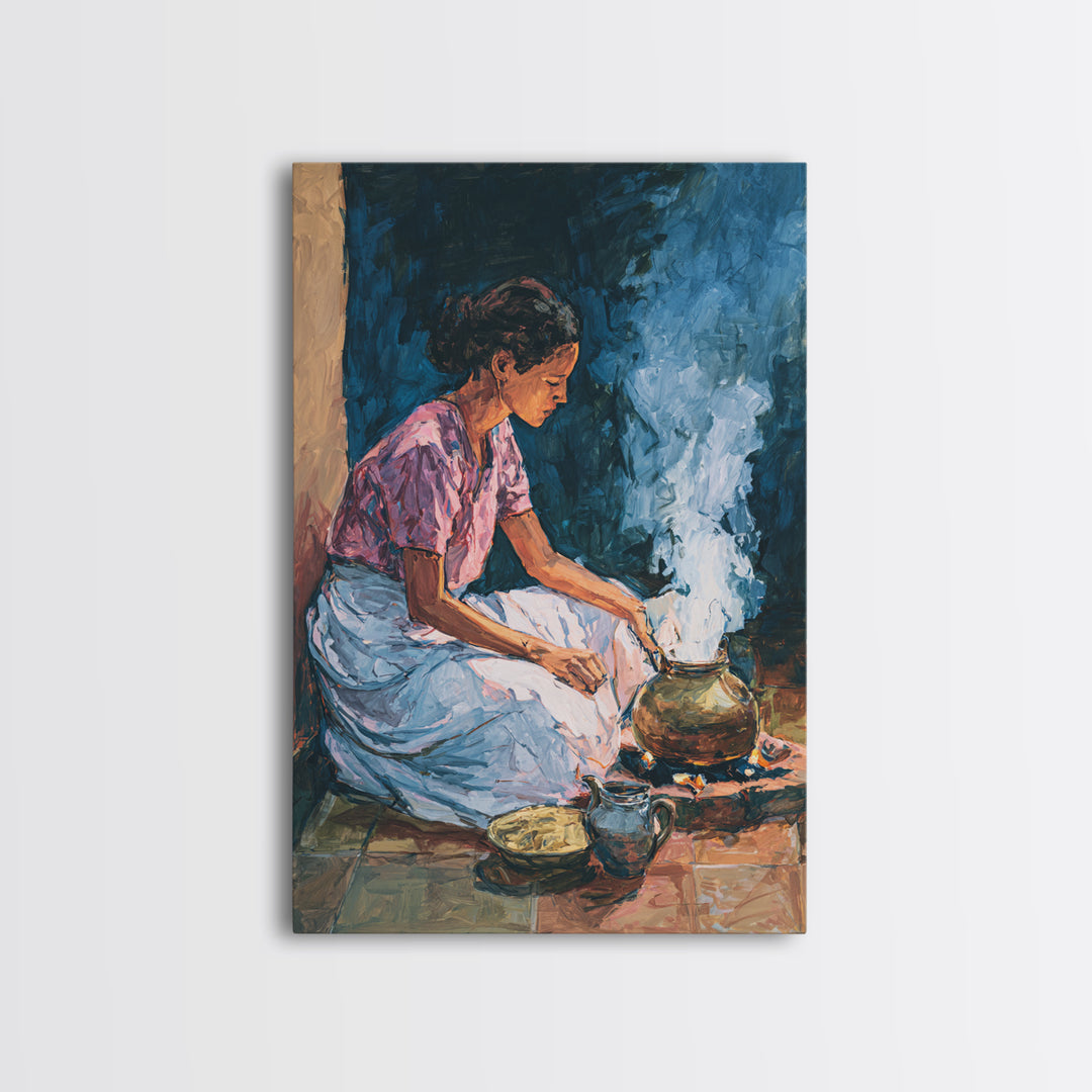 African Woman Cooking Steam Wall Art, Afrocentric Kitchen Portrait Canvas Print, Cultural Home Decor, Gift For Her, Blue Orange Painting