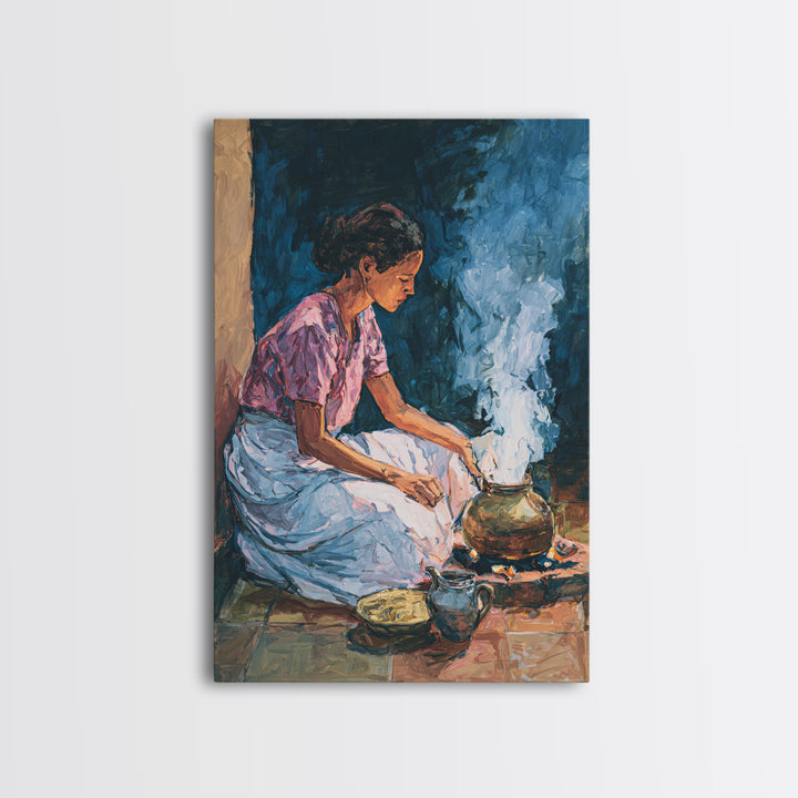 African Woman Cooking Steam Wall Art, Afrocentric Kitchen Portrait Canvas Print, Cultural Home Decor, Gift For Her, Blue Orange Painting
