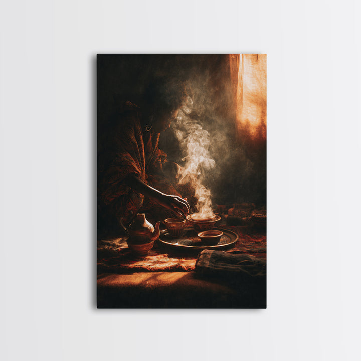Moody African Woman Tea Ritual Wall Art, Incense Smoke Canvas Print, Afrocentric Decor, Black Culture Art, Gift For Her, Home Decor