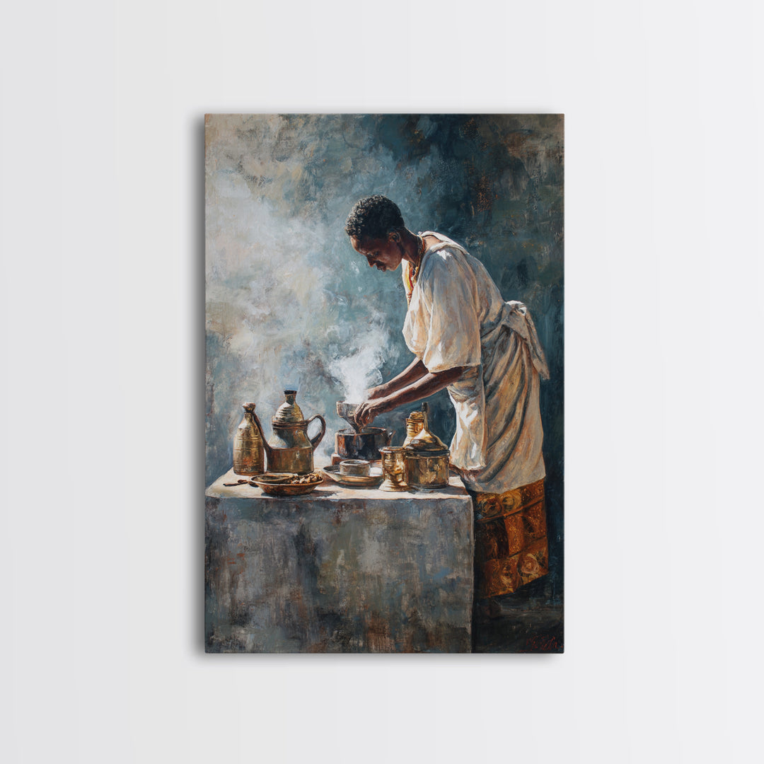African Man Coffee Ceremony Wall Art, Ethiopian Tea Service Canvas Print, Cultural Portrait, Afrocentric Home Decor, Gift
