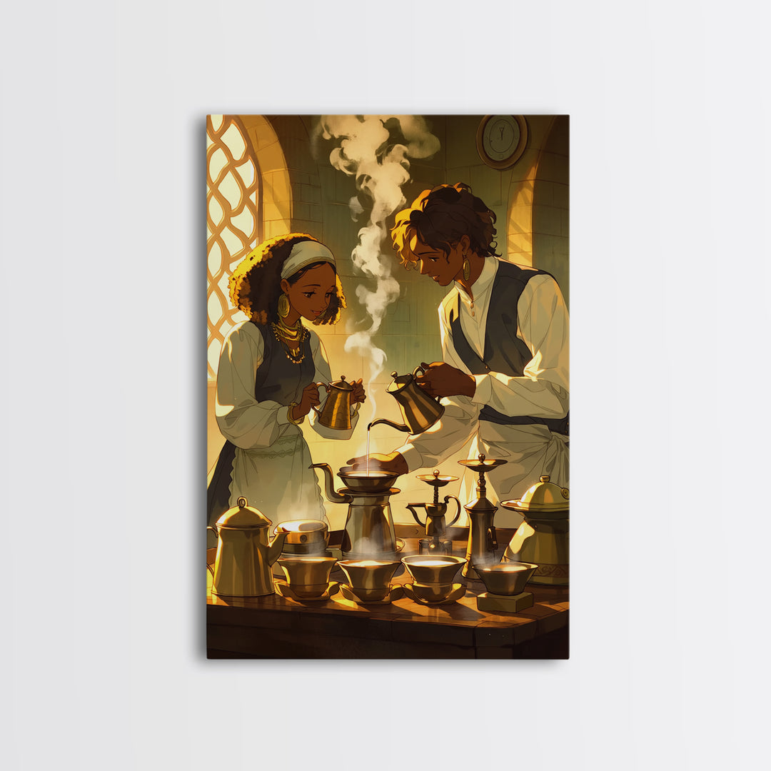 African Couple Tea Ceremony Wall Art, Golden Kitchen Canvas Print, Afrocentric Romance Decor, Black Love Art, Wedding Gift