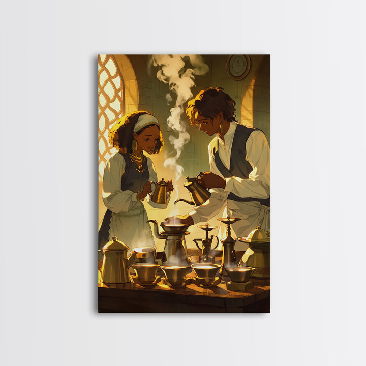 African Couple Tea Ceremony Wall Art, Golden Kitchen Canvas Print, Afrocentric Romance Decor, Black Love Art, Wedding Gift