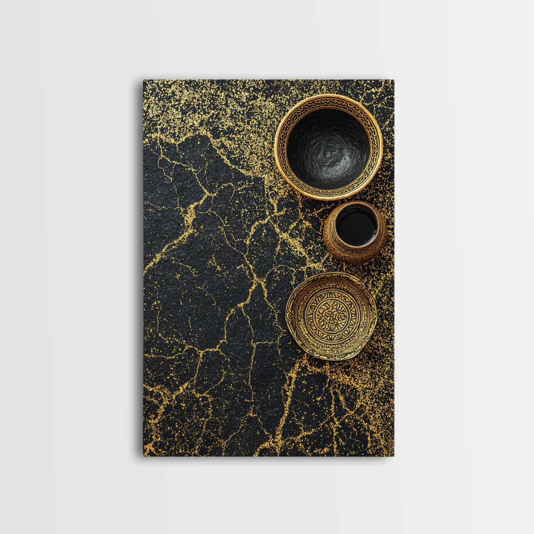 Black Gold Vessels Texture Wall Art, African Inspired Canvas Print, Abstract Ethnic Art, Luxury Kitchen Decor, Home Decor Gift