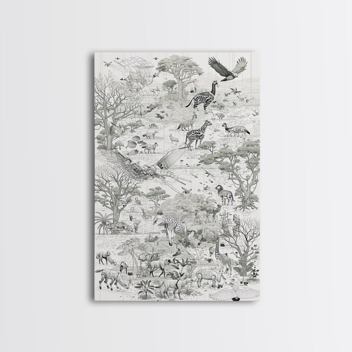 Intricate Monochrome African Safari Map Wall Art, Serengeti Animals, Elephant, Zebra, Giraffe, Travel Inspired Home Decor