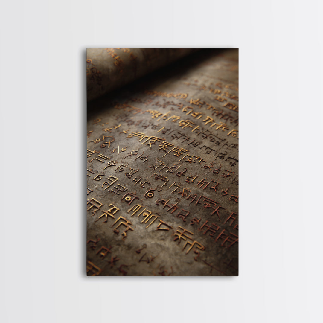 Aged Bronze Ancient Script Framed Canvas Print, Close Up Manuscript, Cultural Wall Art, Earth Tone Office Decor Gift For Study