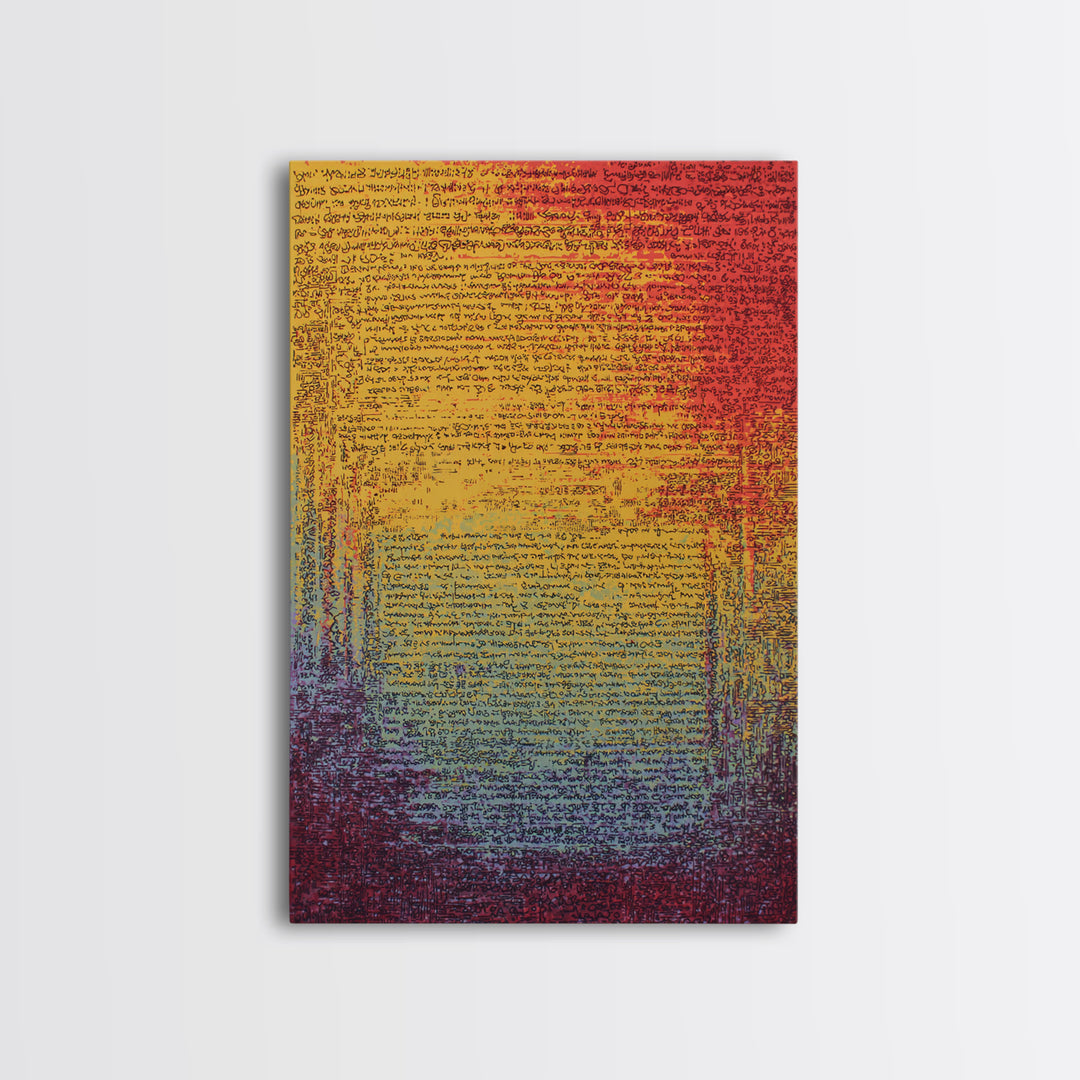 Colorful Gradient Ancient Manuscript Wall Art, Red Yellow Blue Abstract Script, Modern Canvas Print, Vibrant Home Decor Gift